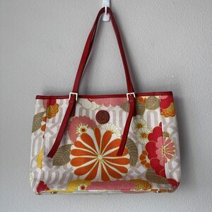 Spartina 449 Tibi Soli Classic Medium Tote Leather Trim 100% Linen Floral Beach